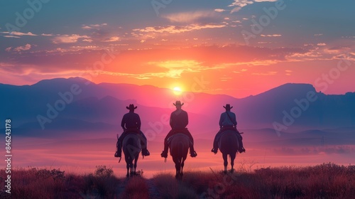 Three cowboys on horseback are slowly galloping into the red sunset against the background of the hills