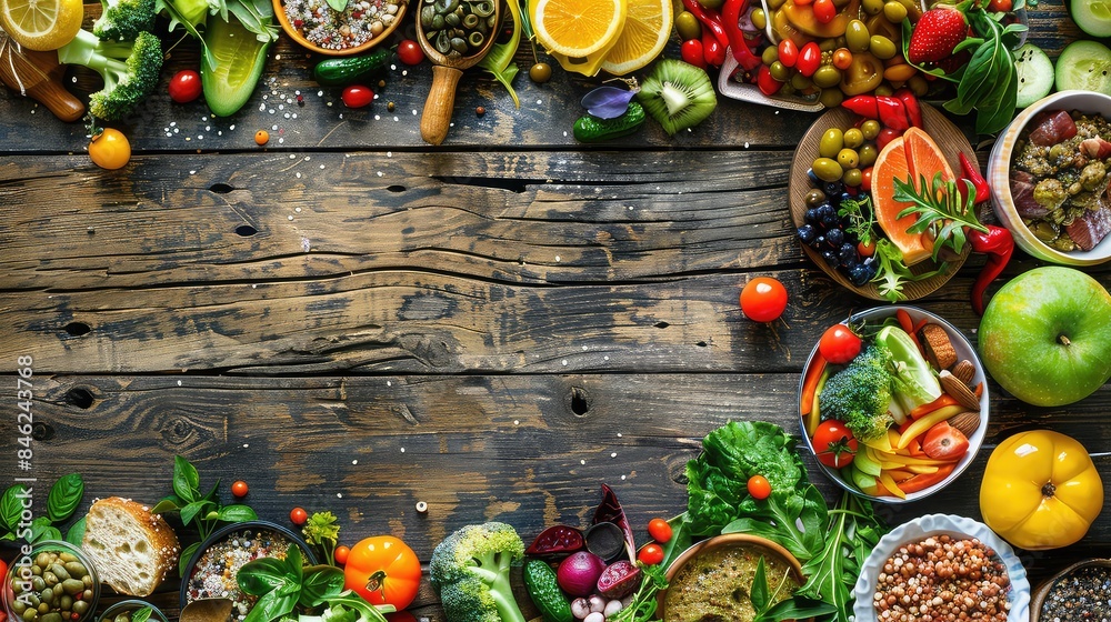 Rustic wooden table with an assortment of clean, healthy foods, Boho style, natural textures, vibrant colors Rustic wooden table with an assortment of clean, healthy foods, Boho style, natural textures, vibrant colors