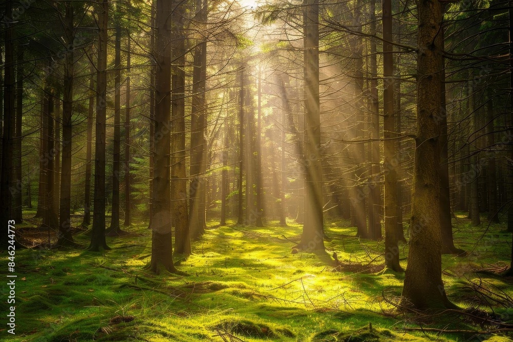 Obraz premium Light filtering through trees in a forest,