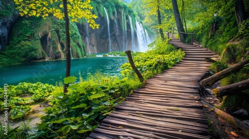 Fototapeta Naklejka Na Ścianę i Meble -  Beautiful wooden path trail for nature trekking with serene lakes and cascading waterfalls in plitvice lakes national park, unesco world heritage site, croatia - famous travel destination for nature l