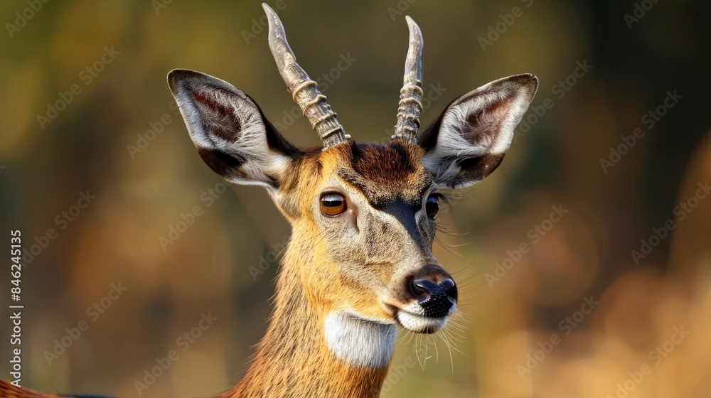 Close-up of a bushbuck's head in natural habitat, detailed animal portrait Close-up of a bushbuck's head in natural habitat, detailed animal portrait