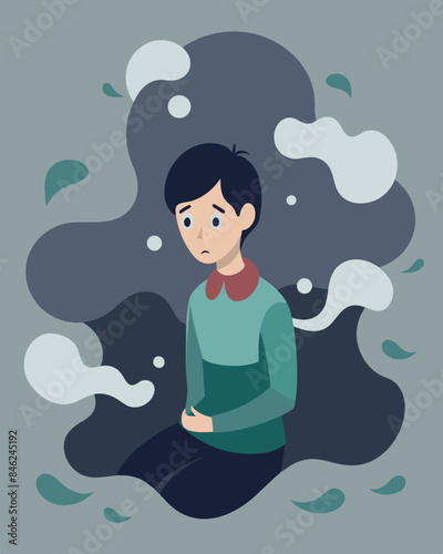 The individual feels suffocated by the fog unable to break free from the confusion and haziness.. Vector illustration