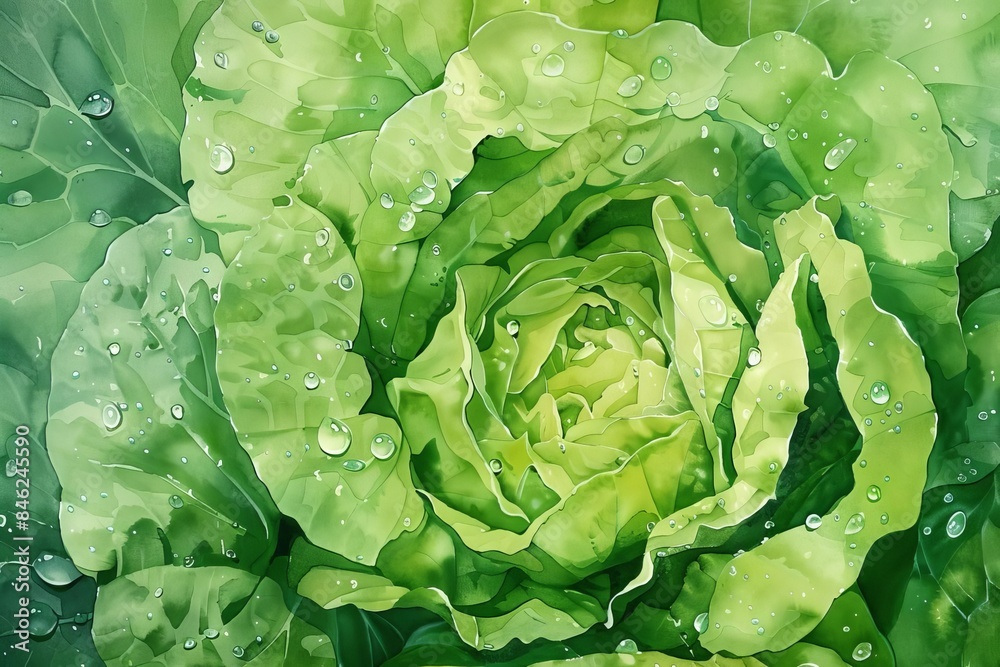 Overhead shot, crisp lettuce head, droplets of water, realistic watercolor effect, Overhead shot, crisp lettuce head, droplets of water, realistic watercolor effect,