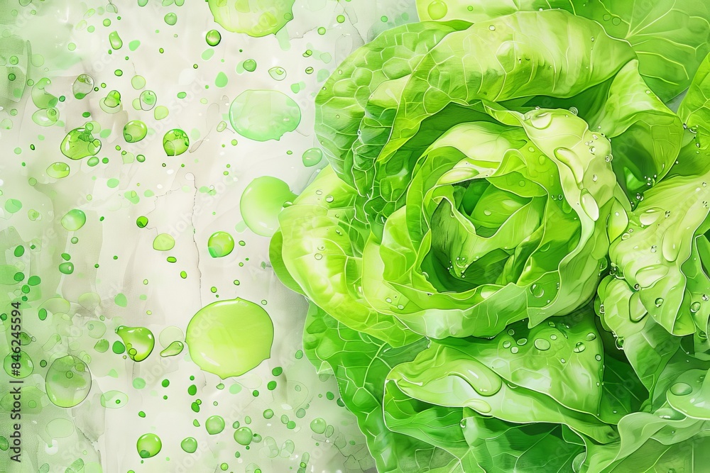 Obraz premium Overhead shot, crisp lettuce head, droplets of water, realistic watercolor effect,