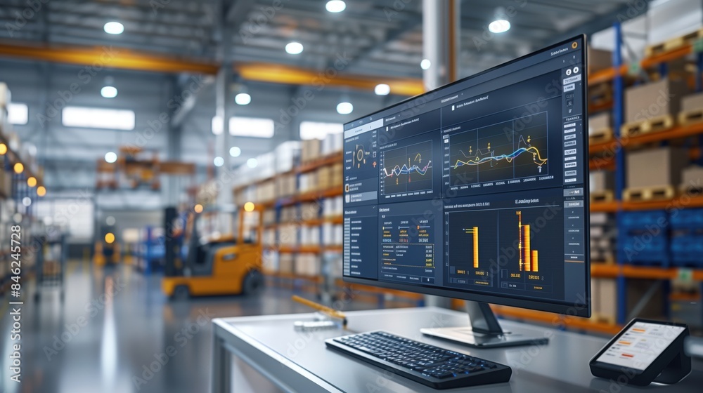 Advanced analytics software displayed on a computer screen in a warehouse, enhancing productivity and efficiency in logistics and inventory management. Advanced analytics software displayed on a computer screen in a warehouse, enhancing productivity and efficiency in logistics and inventory management.