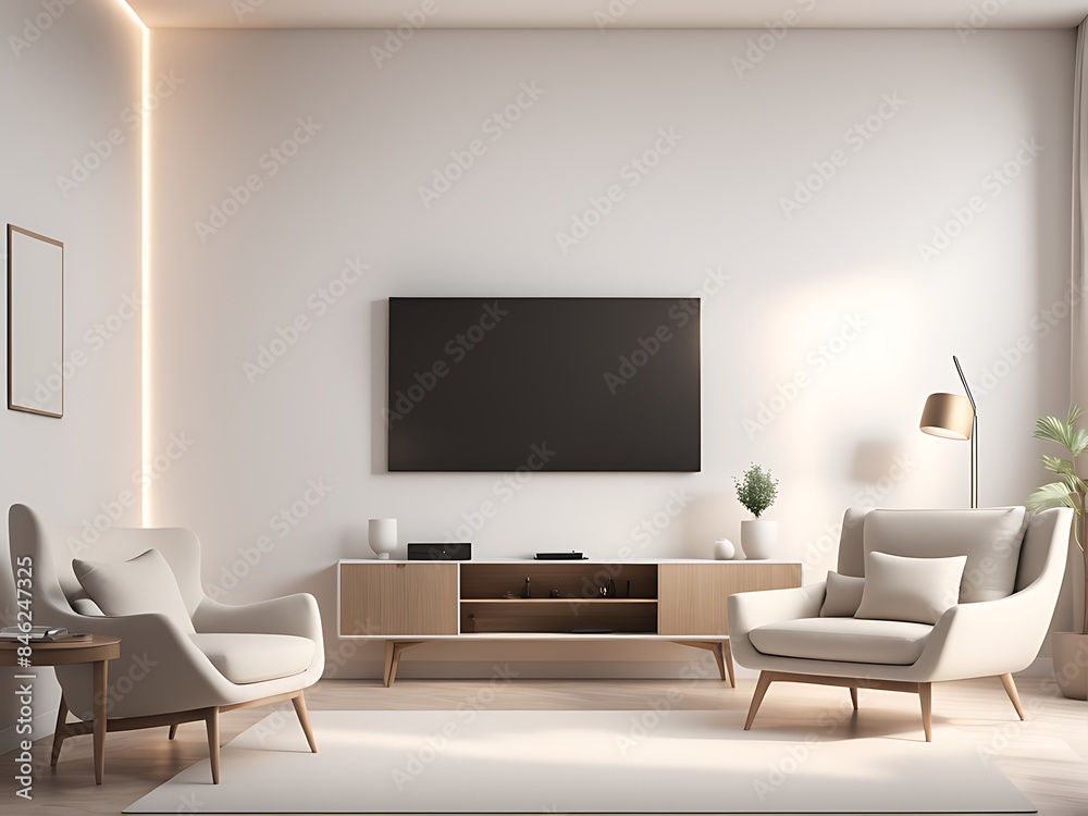 Mockup of a TV wall mounted with an armchair in the living room with a white wall design. Mockup of a TV wall mounted with an armchair in the living room with a white wall design.