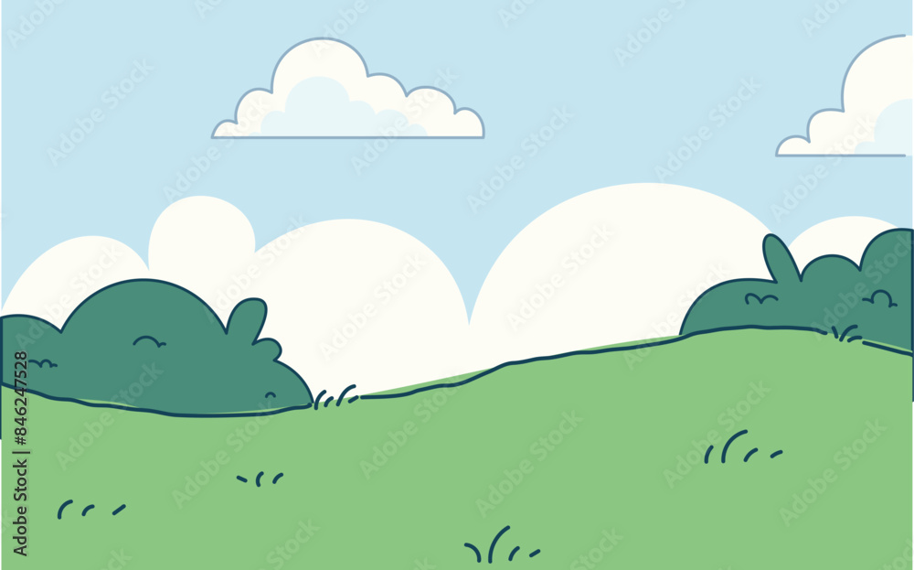 Obraz premium Cute Landscape with Green Grass and White Cloud. Kids poster background
