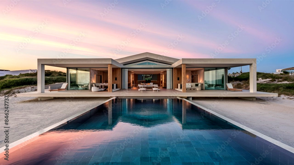 Fototapeta premium 3D luxurious Modern apartment building or house exterior with lawn yard and swimming pool.