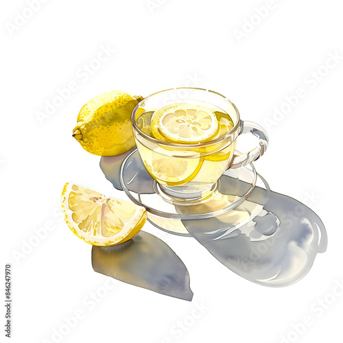 Watercolor illustration of hot lemonade in a glass cup on white background