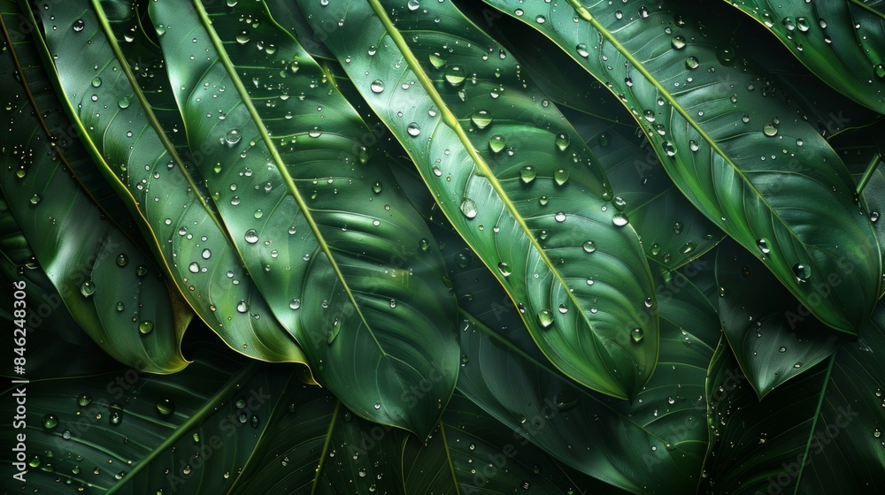 Fototapeta premium Tropical leaf foliage with rain water drops on dark green texture, abstract nature pattern background