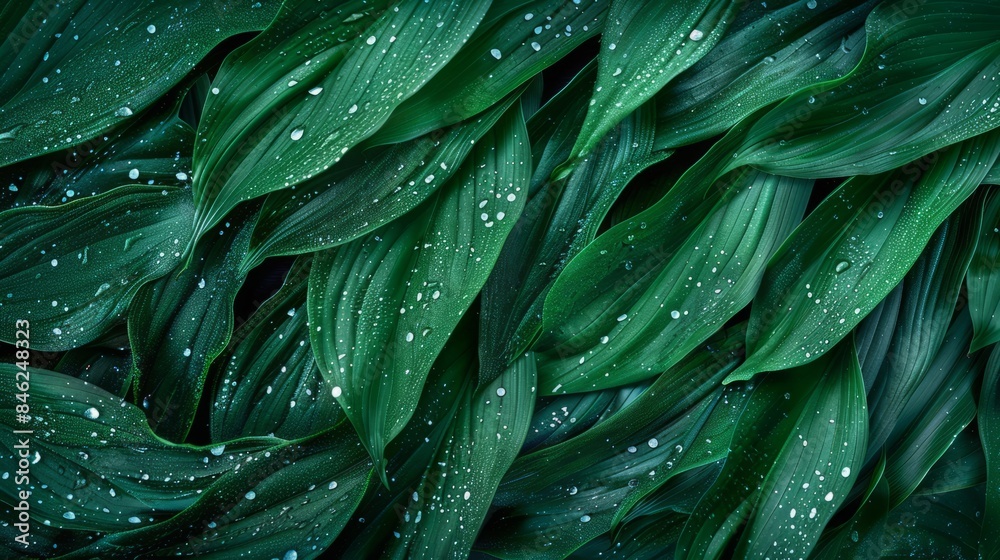 Tropical leaf foliage with rain water drops on dark green texture, abstract nature pattern background Tropical leaf foliage with rain water drops on dark green texture, abstract nature pattern background