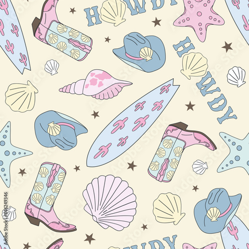 Coastal Cowgirl accessories vector seamless pattern. Howdy surfer background.