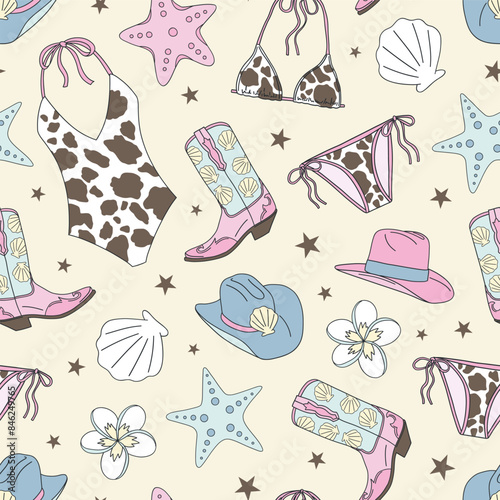 Coastal Cowgirl accessories vector seamless pattern. Howdy surfer background.