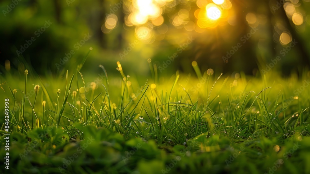 Green grass in a sunlit forest at sunset with macro perspective and shallow depth of field – summer nature background Green grass in a sunlit forest at sunset with macro perspective and shallow depth of field – summer nature background
