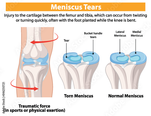 Illustration of normal and torn meniscus in knees photo