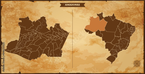 Amazonas state map, Brazil map with federal states in A vintage map based background, Political Brazil Map