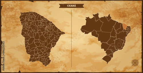 Ceará state map, Brazil map with federal states in A vintage map based background, Political Brazil Map
