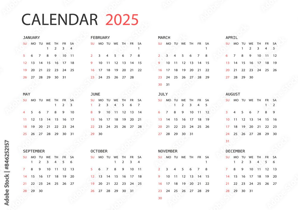2025 Year Simple A4 Horizontal Calendar. Week Starts on Sunday. 2025 Year Simple A4 Horizontal Calendar. Week Starts on Sunday.