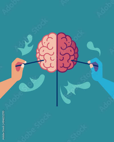 Two hands holding a brain pulling it in opposite directions symbolizing the internal battle of cognitive dissonance.. Vector illustration