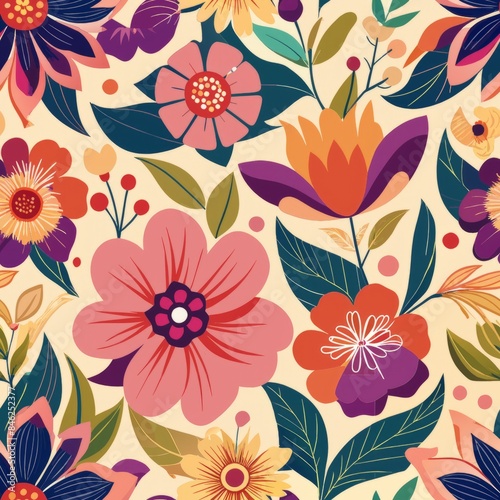 Seamless pattern of modern floral motifs with simplified forms and bold outlines, Generative AI