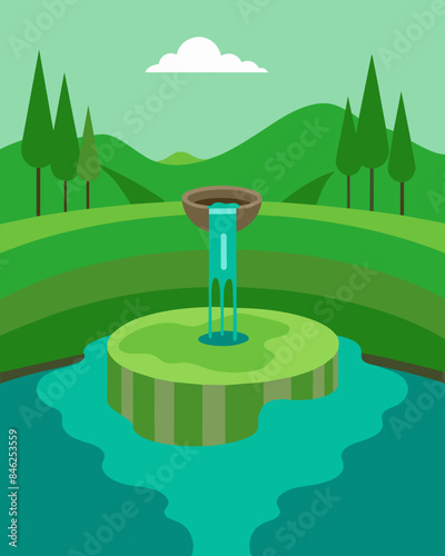 The water in the reservoir is a sickly green evidence of the excess of agricultural runoff that has seeped in.. Vector illustration
