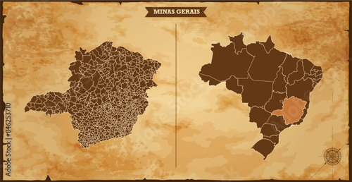 Minas Gerais state map, Brazil map with federal states in A vintage map based background, Political Brazil Map