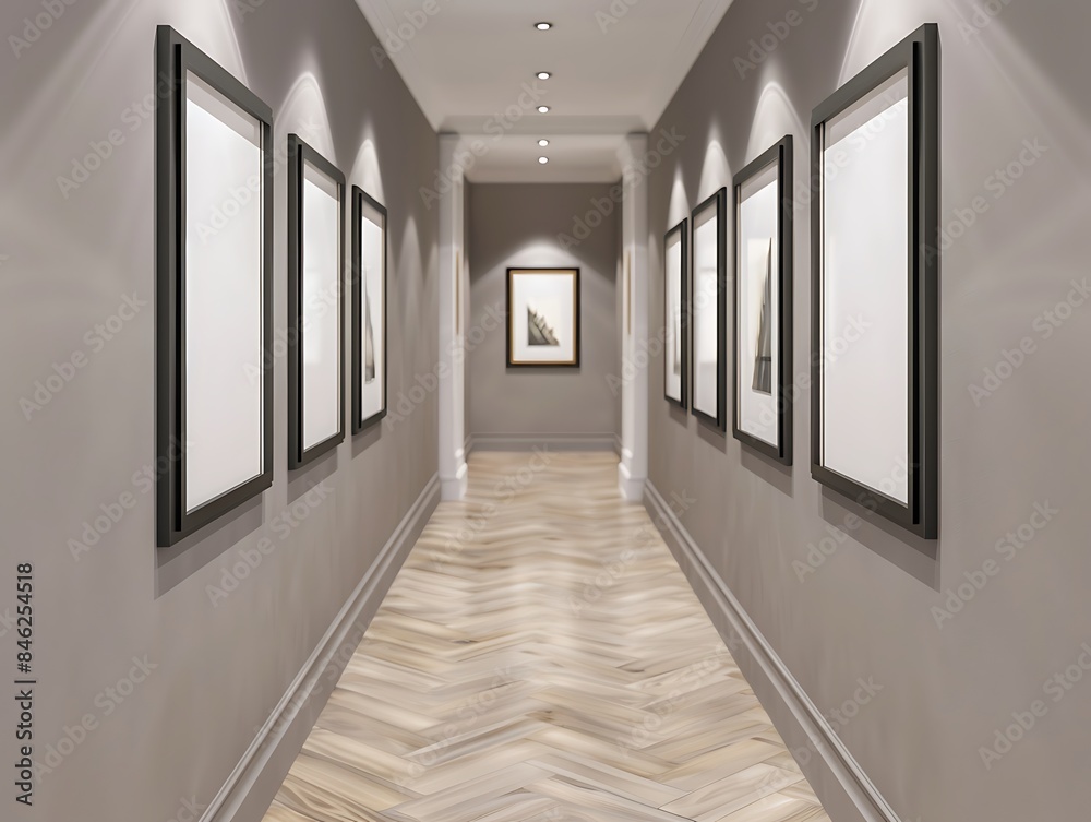 Fototapeta premium A chic hallway with a warm grey wall, showcasing six small empty black frames in a line.