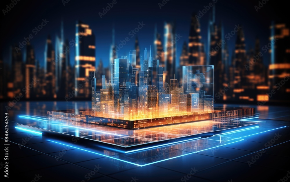 Fototapeta premium Futuristic Digital Interface with Holographic Displays and Floating Panels Illuminated by Subtle Blue Light on Dark Background.