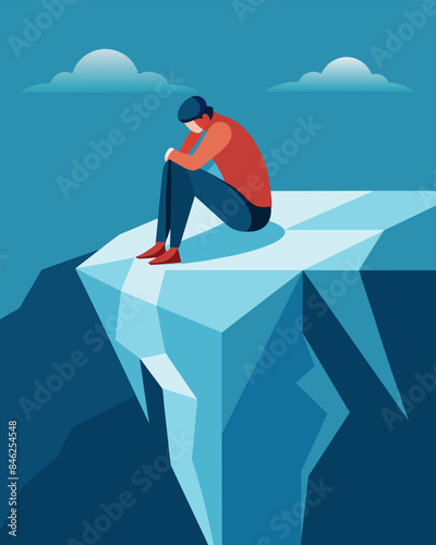 The person perched on the edge of the iceberg their emotional landscape hidden beneath the icy depths.. Vector illustration