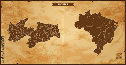 Paraíba state map, Brazil map with federal states in A vintage map based background, Political Brazil Map
