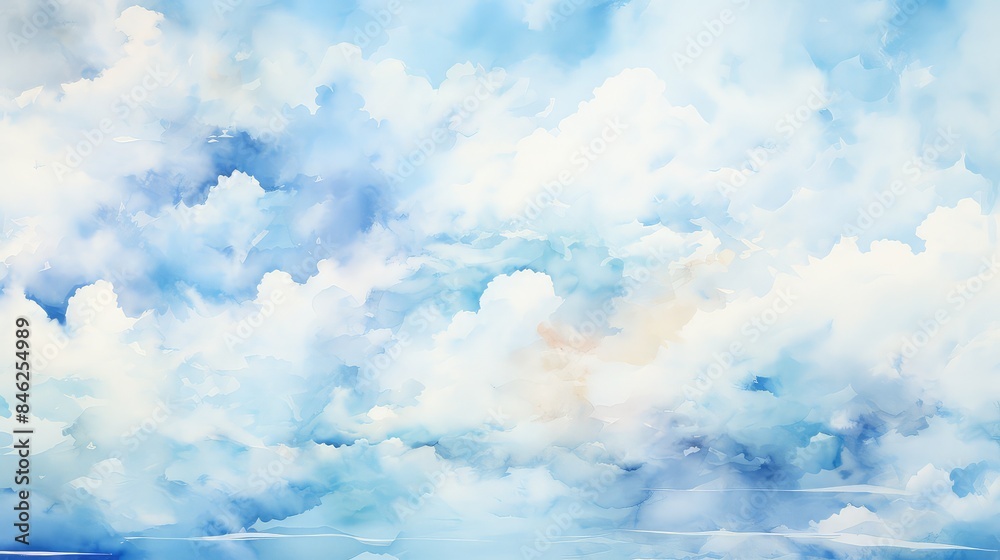 Summer sky with fluffy clouds, Peaceful, Watercolor, Soft blues and whites, clear area for text Summer sky with fluffy clouds, Peaceful, Watercolor, Soft blues and whites, clear area for text