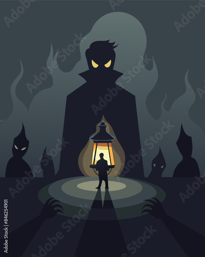 With each flicker of the gaslight the shadows seemed to grow darker enveloping the room in a blanket of unease.. Vector illustration