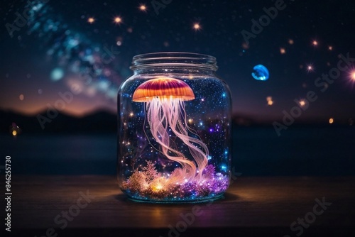 Glowing jellyfish in a jar with starry night sky background
