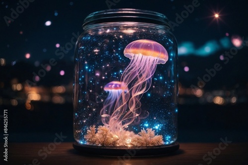 Jar with glowing jellyfish inside, night background