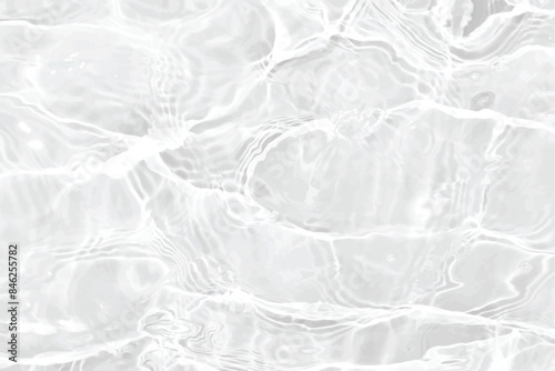 White water with ripples on the surface. Defocus blurred transparent white colored clear calm water surface texture with splashes and bubbles. Water waves with shining pattern texture background.