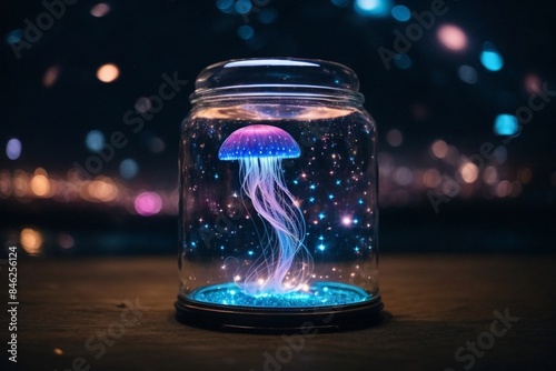 Glowing jellyfish in a jar with colorful lights, surreal scene