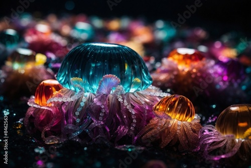 Colorful jellyfish with glowing glass-like bodies