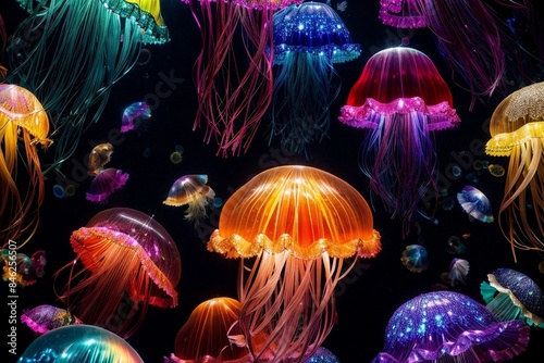 Colorful jellyfish swimming in dark water, vibrant sea creatures