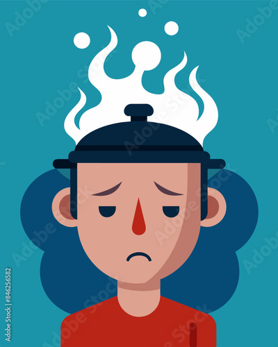The sound of boiling water and the pressure building within a pressure cooker a metaphor for the head under extreme stress.. Vector illustration