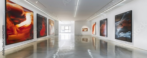 A contemporary art gallery featuring a series of large, expressive paintings on white walls, with a polished concrete floor adding to the minimalist vibe.