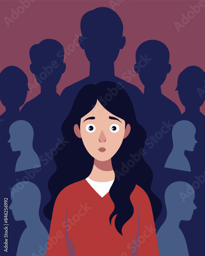 Unable to shake off the feeling of being constantly watched she turns around only to find no one there yet the eyes still seem to follow her.. Vector illustration