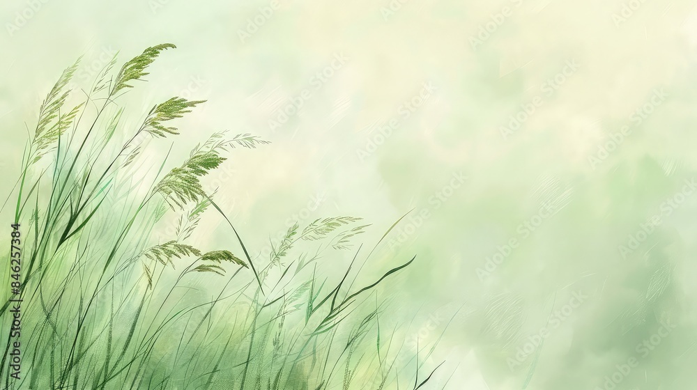 Tall grass swaying in the wind, soft focus, natural greens, space for text on left, Pastel Illustration, Soft Edges