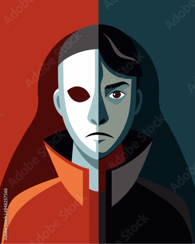 The mask they hold is a reflection of the facade they present hiding their true personality and motivations.. Vector illustration