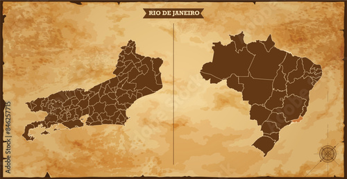 Rio de Janeiro state map, Brazil map with federal states in A vintage map based background, Political Brazil Map