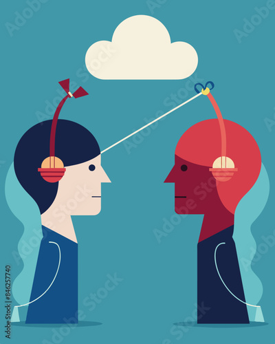 Two conflicting voices in the mind each trying to persuade the person to make a decision leading to a cognitive tugofwar.. Vector illustration