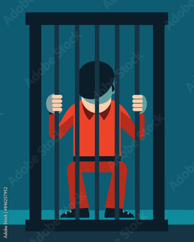 The person appears to be standing in a jail cell but upon closer inspection the bars are made of invisible handcuffs.. Vector illustration