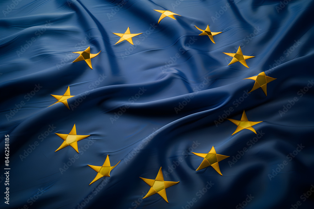 Top view of the twelve yellow stars of a European Union blue flag, made of satin fabric. Top view of the twelve yellow stars of a European Union blue flag, made of satin fabric.