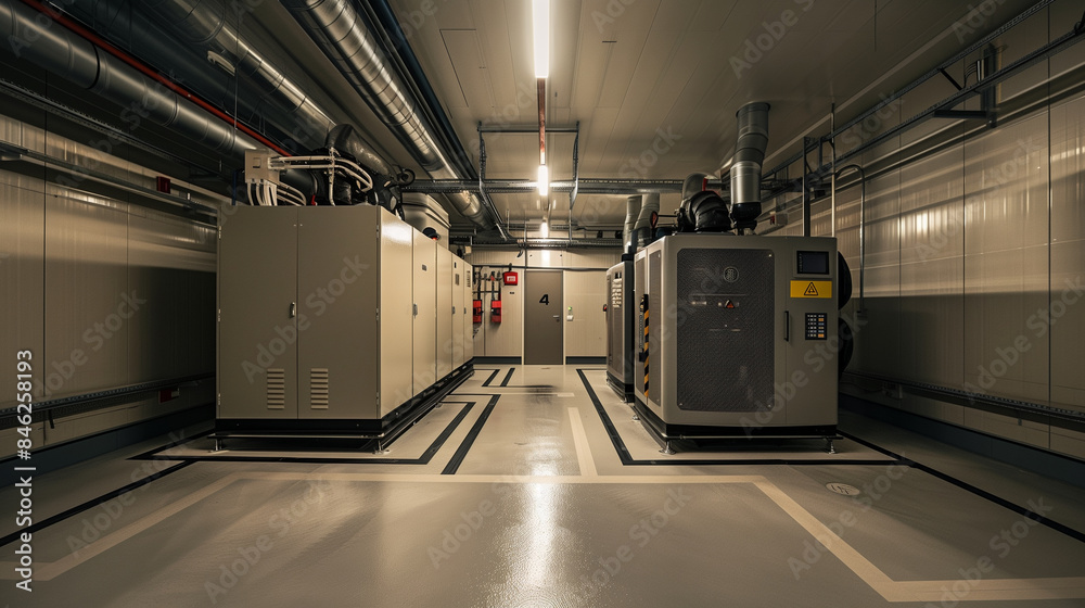 Generator room with two generators in factory standby for power backup, Diesel generator