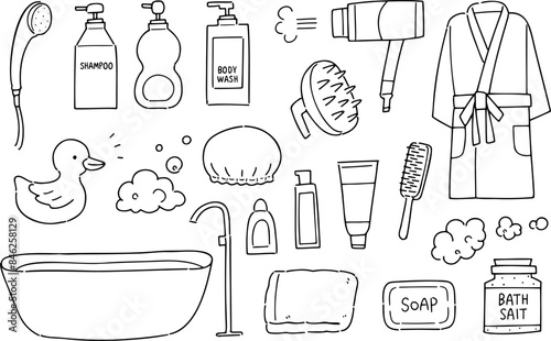 Set of hand-drawn rough line illustrations with a bath theme