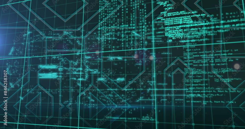 Digital code and geometric patterns are displayed on futuristic screen